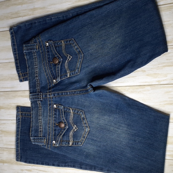 Karma Blue Ultra Stretch Bootcut Button Back Pockets Size 5 - Picture 1 of 16